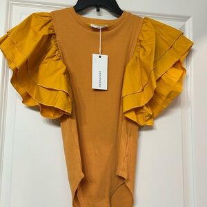 Ann Taylor Mustard Yellow Ruffle Sleeve Bodysuit